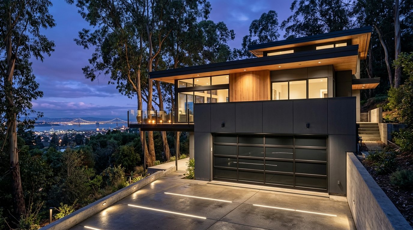 Nora Daher Overhead Garage Door Service Exterior Closed Garage Door at Twilight